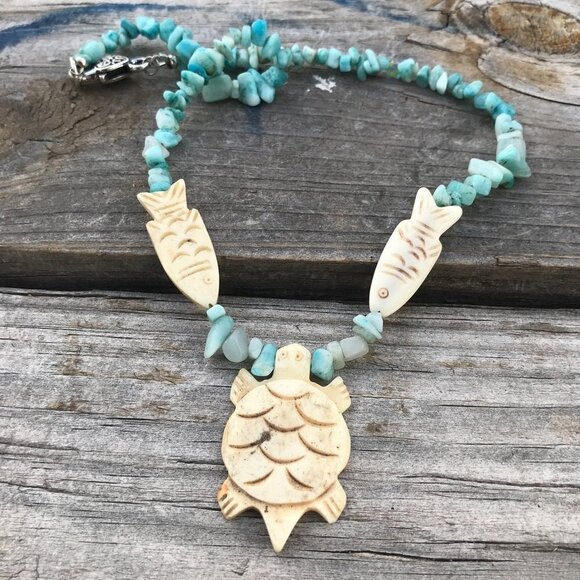 Southwestern Amazonite Gemstone Necklace Handmade Fish Pendant Silver Turtle - Picture 5 of 9